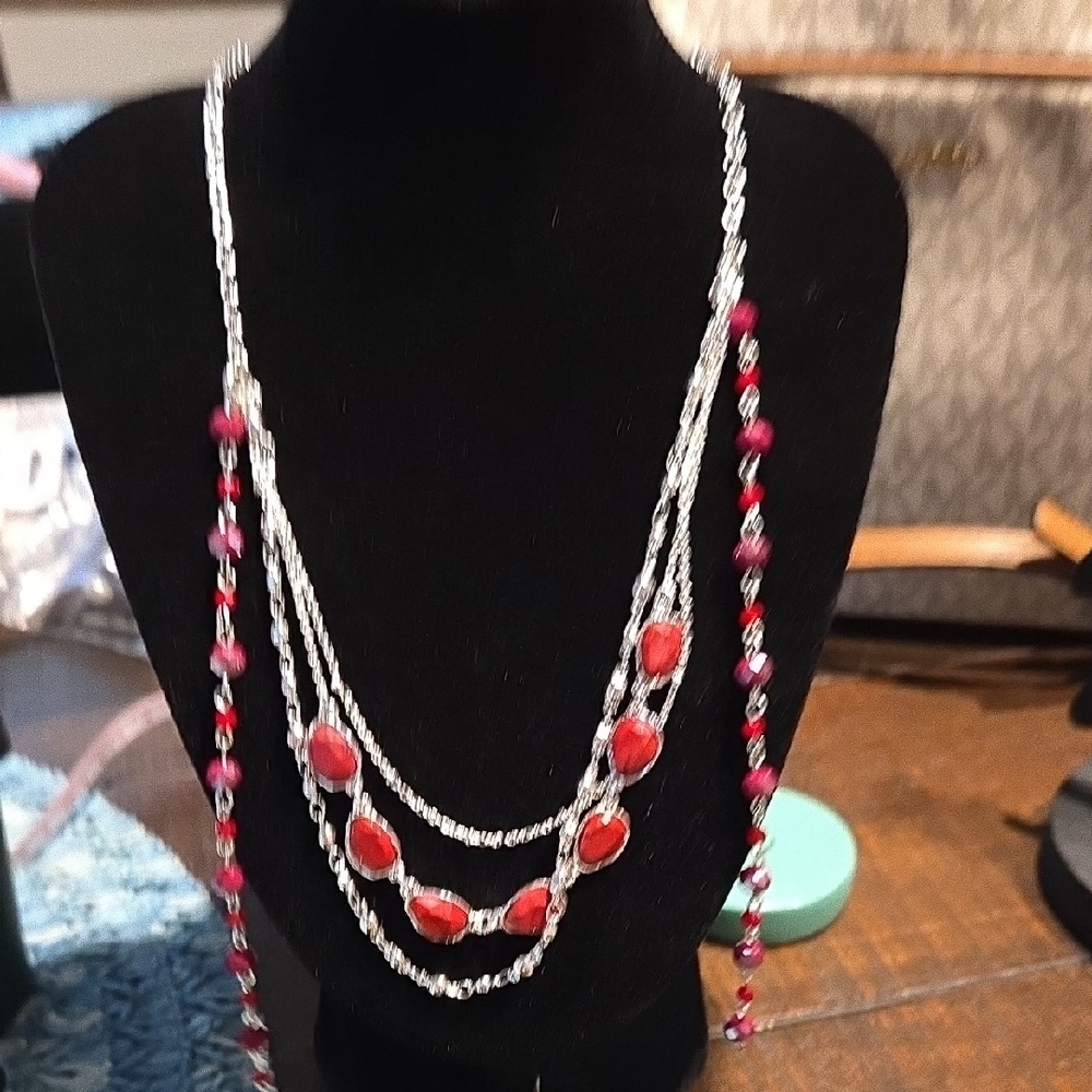 NWT Style & Co Elegant Red and Silver Layered Necklace